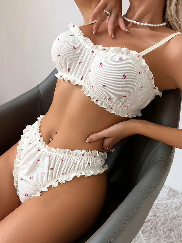 Women Printed Bra and Panty Set Lightweight Thin Lingerie Set Short Top Crop Top Comfortable Everyday Wear 2 Piece