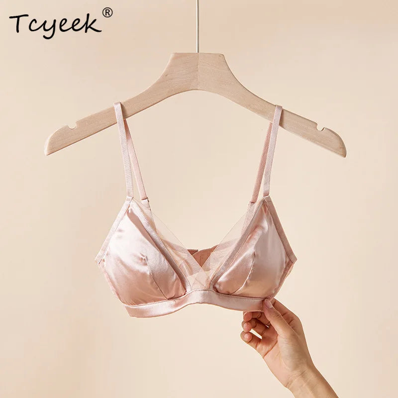 Tcyeek 93.8%  Silk Satin Bra, Women Wire Free Lace Mesh, Sexy Breathable Thin Underwear, 2024 Spring Summer New P435115QM