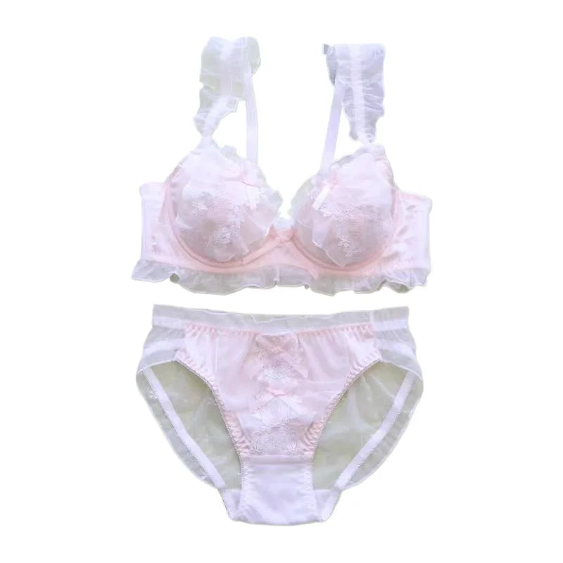 Embroidery thin section ruffle girls lingerie sweet cute underwear gathered ladies bra set lace sexy summer braletties
