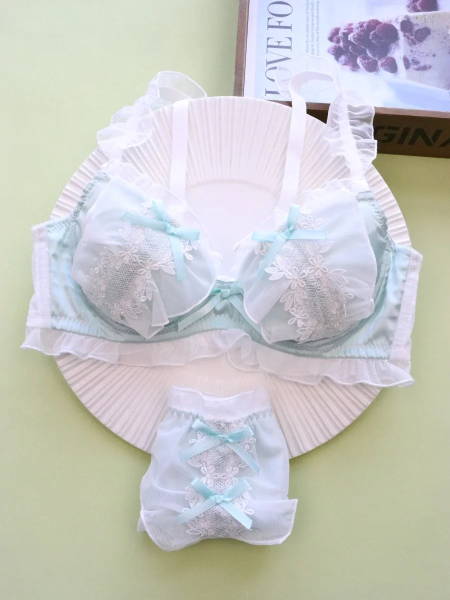 Embroidery thin section ruffle girls lingerie sweet cute underwear gathered ladies bra set lace sexy summer braletties